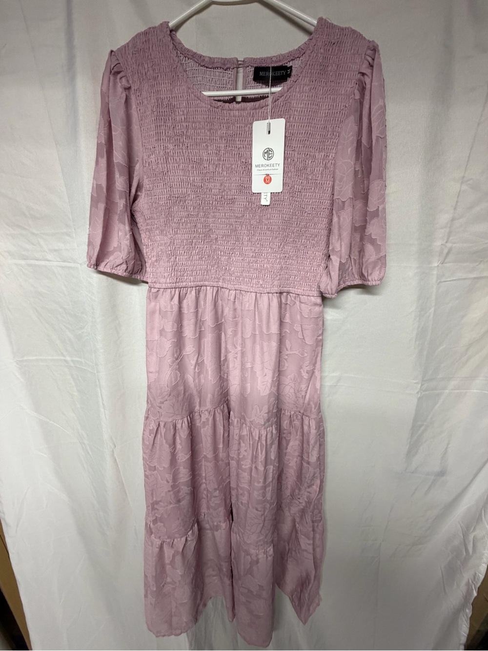 MEROKEETY Womens M Dusty Mauve Floral Smocked Puff Sleeve Tiered Maxi Dress NWT